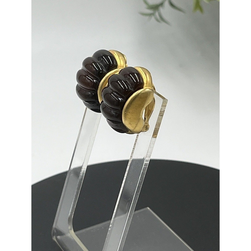 Givenchy Vintage Gold Tone Non Pierced Brown Lucite Glowing Clip On Earrings - Picture 5 of 10